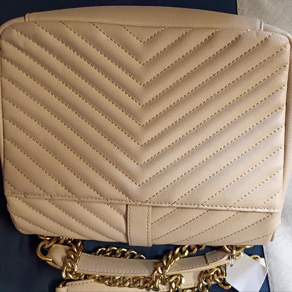 Saint Laurent Beige Quilted Chevron Leather Shoulder Bag with Gold YSL - Picture 3 of 5